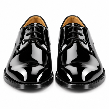 Front view of men's black high-gloss formal dress shoes with genuine leather uppers, mirror-like polished finish, classic black laces, rounded almond-shaped toes, black sole edges, and contrasting tan interiors against a white background.