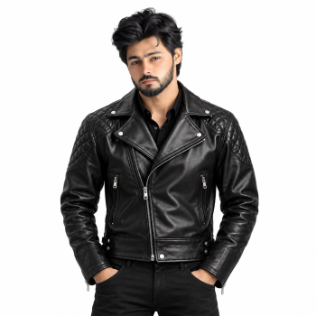 Male model wearing Mizon International men's black genuine leather biker jacket with diamond-quilted shoulder panels, wide notched lapels, asymmetrical silver-tone front zipper, vertical zippered details and long sleeves against a white background.