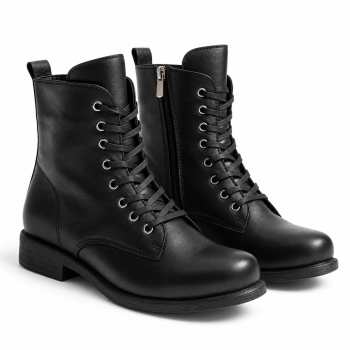 Pair of black genuine leather lace-up ankle boots shown from a three-quarter front angle, featuring silver-tone eyelets, black laces, a visible side zipper, rounded toes, low block heels, and rear pull tabs against a white background.