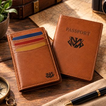Brown genuine leather passport holder with integrated card slots shown in open and closed views, featuring PASSPORT lettering, branded exterior and fine stitching by Mizon International.
