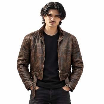 Male model wearing Mizon International men's vintage distressed dark brown genuine leather biker jacket with a short stand-up collar, central zipper, long sleeves, stitched leather panels and buckled waist details against a white background.