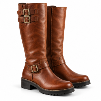 Three-quarter side view of one pair of Mizon International vintage cognac-brown biker boots with genuine leather uppers, tall shafts, antique brass-tone buckle straps, rounded toes, contrasting tan stitching, and thick black lug-pattern soles against a white background.