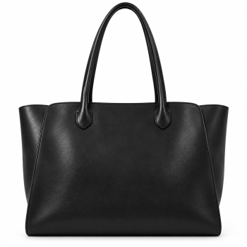 Front view of Mizon International women's genuine leather structured tote bag in classic black, featuring two slim shoulder handles, curved front panel, expanded side gussets and a minimalist trapezoidal silhouette.