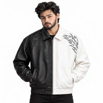 Male model wearing Mizon International men's genuine leather black and white two-tone bomber jacket with flame-inspired shoulder graphics, front zipper, fold-down collar, gathered cuffs and quilted lower hem against a white background.