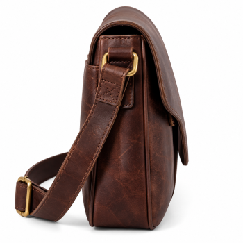 Front view of Mizon International vintage dark brown genuine leather messenger bag featuring an asymmetrical curved fold-over flap, wide matching strap, contrasting tan stitching and antique gold-tone side hardware.
