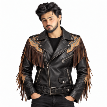 Male model wearing Mizon International men's black Western fringe biker jacket with a genuine leather body, long tan-brown shoulder and sleeve fringe, decorative turquoise-colored accents, asymmetrical front zipper and buckled waistband against a white background.