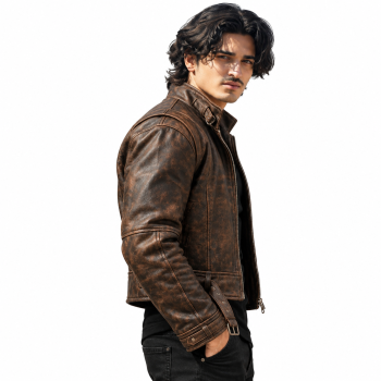 Male model wearing Mizon International men's vintage distressed dark brown genuine leather biker jacket with a short stand-up collar, central zipper, long sleeves, stitched leather panels and buckled waist details against a white background.