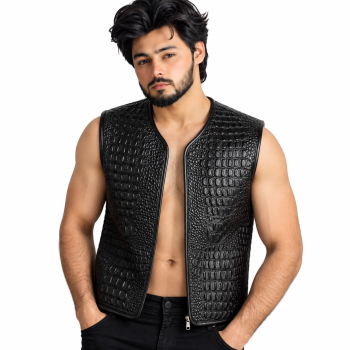 Male model wearing Mizon International men's black genuine leather sleeveless vest with glossy crocodile-embossed scale texture, collarless V-style neckline, open front and visible lower zipper detail against a white background.