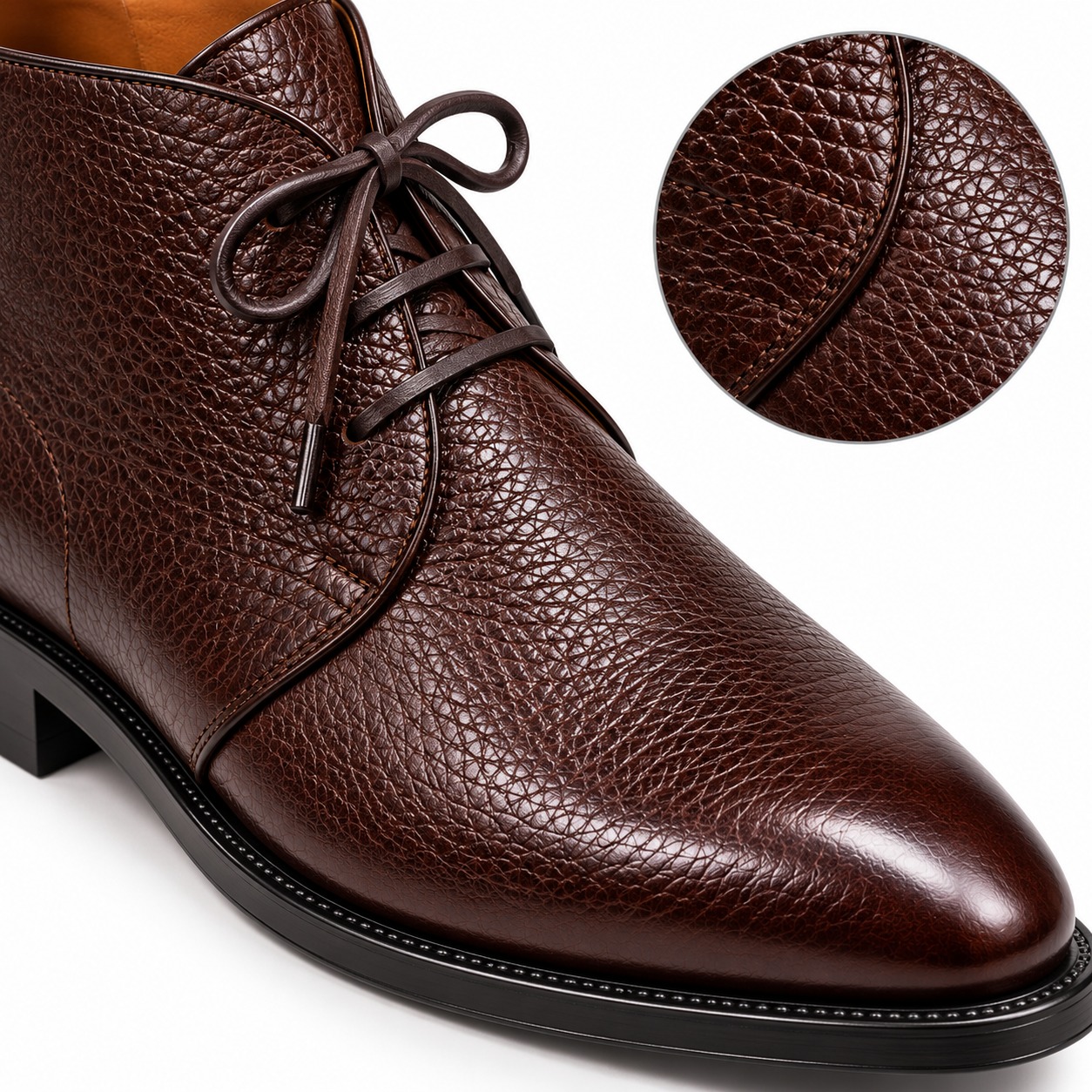 Front view of a pair of dark chocolate-brown genuine leather chukka-style ankle boots featuring pebbled grain-textured uppers, dark brown laces, polished pointed almond-shaped toes, tan-colored interiors, and black sole edges against a white background.