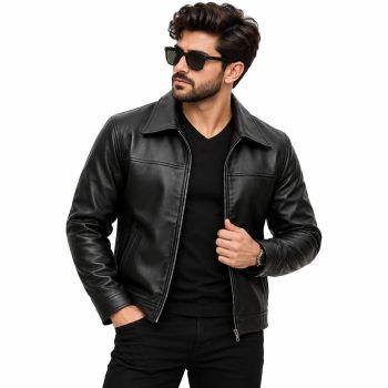 Men’s black leather zip-up jacket with classic collar and side pockets, motorcycle-inspired leather jacket for men