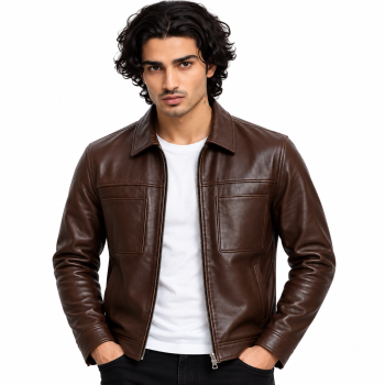 Men’s dark brown leather jacket with front zipper, pointed collar, chest pockets and classic vintage casual design