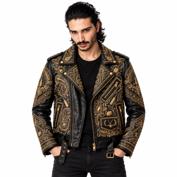 Male model wearing Mizon International men's black genuine leather baroque biker jacket with ornate gold floral and paisley motifs, asymmetrical front zipper, notched lapels, decorative shoulder epaulettes and buckled waist details.