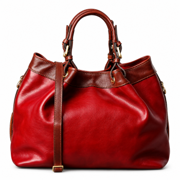 Front view of Mizon International women's genuine leather two-tone satchel handbag featuring a cherry-red slouchy body, contrasting cognac-brown double handles, long shoulder strap and gold-tone hardware.