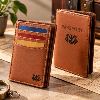 Closed back view of a cognac brown genuine leather passport holder featuring a textured leather exterior, rounded corners, and detailed stitched edges.
