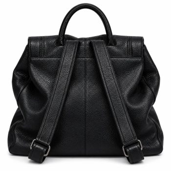 Back view of Mizon International women's black genuine leather slouchy backpack showing two shoulder straps, rounded top handle, silver-tone strap rings and a pebbled leather exterior.