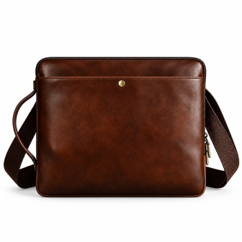Front view of Mizon International dark brown genuine leather slim messenger bag featuring a rectangular body, top zipper, wide woven-fabric strap, large front panel and circular gold-tone accent.