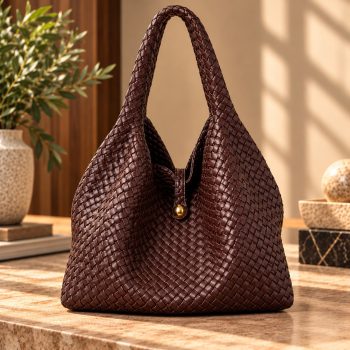 Front view of Mizon International women's genuine leather woven tote bag in dark chocolate brown, featuring intricate basket-weave detailing, a wide braided shoulder strap and relaxed tote silhouette.