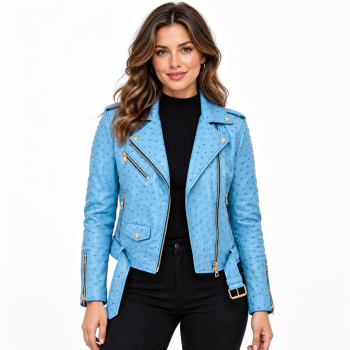 Female model wearing Mizon International women's sky-blue genuine leather biker jacket featuring raised dotted texture, wide notched lapels, asymmetrical gold-tone zipper, belted waist and zippered cuffs against a white background.