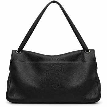 Back view of a women's black genuine leather shoulder handbag featuring a clean pebbled leather exterior, softly structured rectangular silhouette, long shoulder straps and silver-tone metal eyelets.