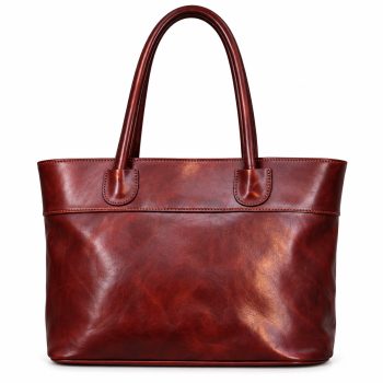 Front view of Mizon International women's genuine leather burgundy tote bag featuring two rounded shoulder handles, rich oxblood-red finish, stitched upper band and vertical center seam.