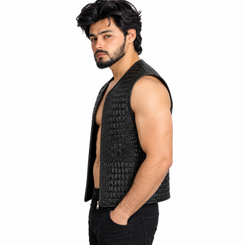 Male model wearing Mizon International men's black genuine leather sleeveless vest with glossy crocodile-embossed scale texture, collarless V-style neckline, open front and visible lower zipper detail against a white background.